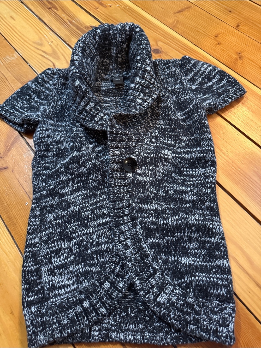 Ann Taylor Black & White Marled Short-Sleeve Shawl-Collar Cardigan